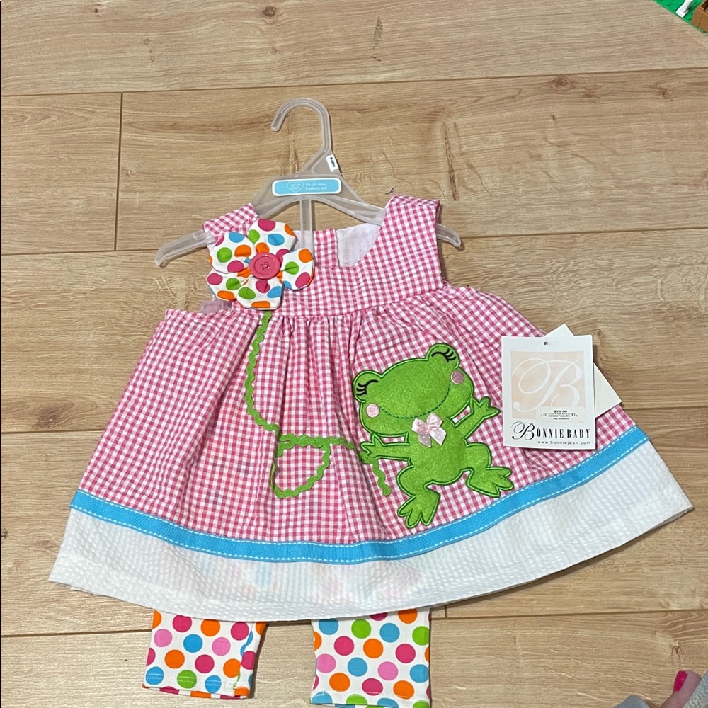 Bonnie Baby Pink Gingham Set with Frog Appliqué